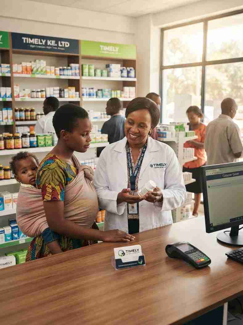 Timely CarePlus pharmacist serving a mother with baby at the pharmacy counter