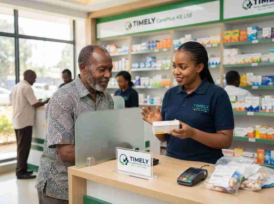 Timely CarePlus pharmacist serving an elderly customer at the counter