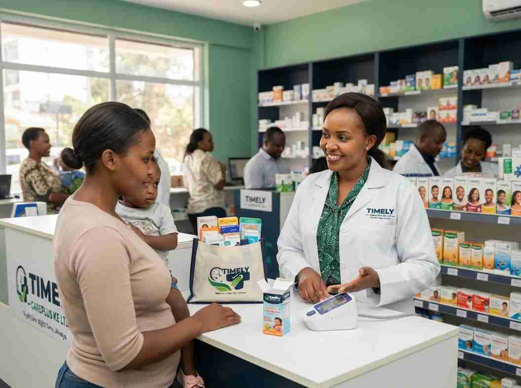 Timely CarePlus pharmacist helping a mother with a blood pressure monitor
